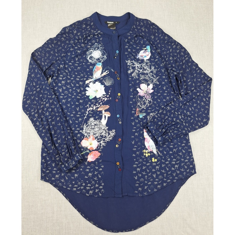 Desigual Navy Blue Bird Mushroom Floral Print Button Down Blouse Small